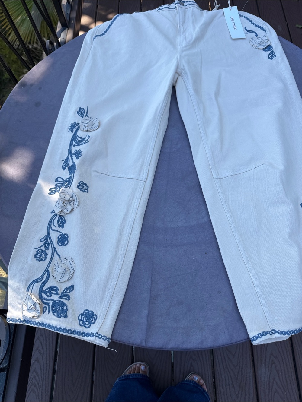 DRIFTWOOD Cream Crop Pants with Blue Floral Embroidery